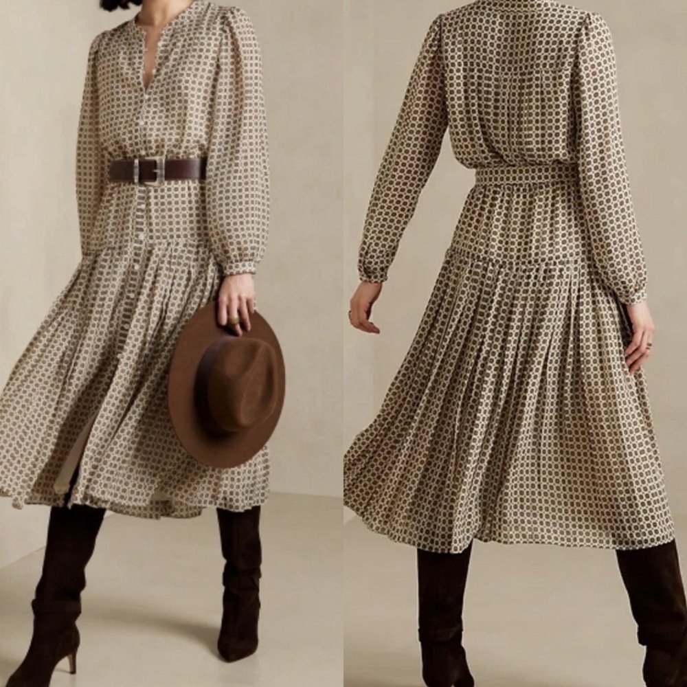 Banana Republic Cream and Brown Printed Long-Sleeve Midi Dress